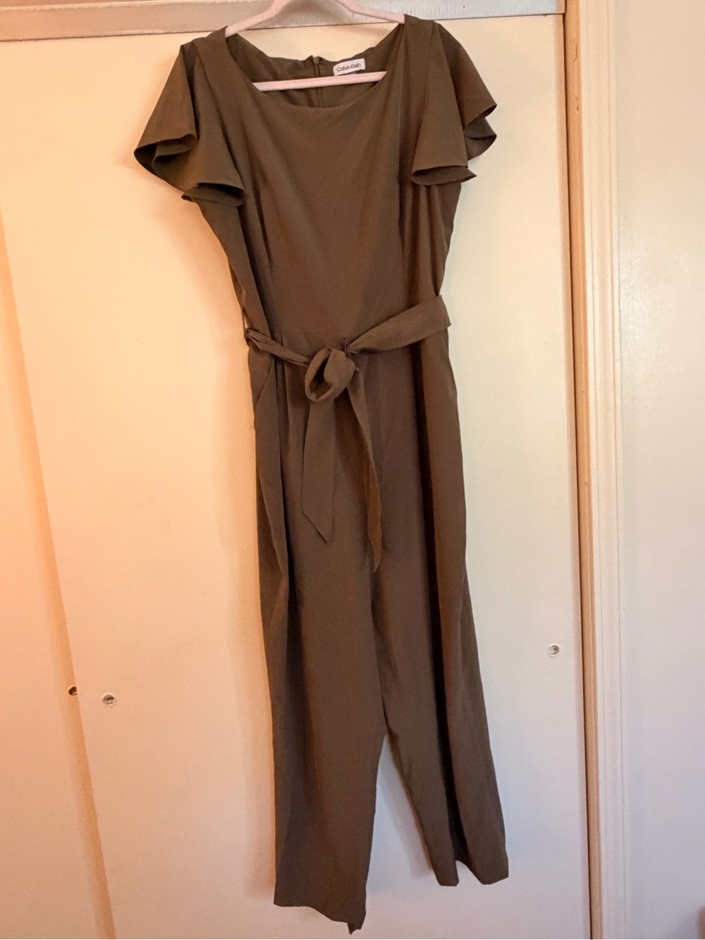 Calvin Klein Olive Green Flutter-Sleeve Jumpsuit with Waist Tie